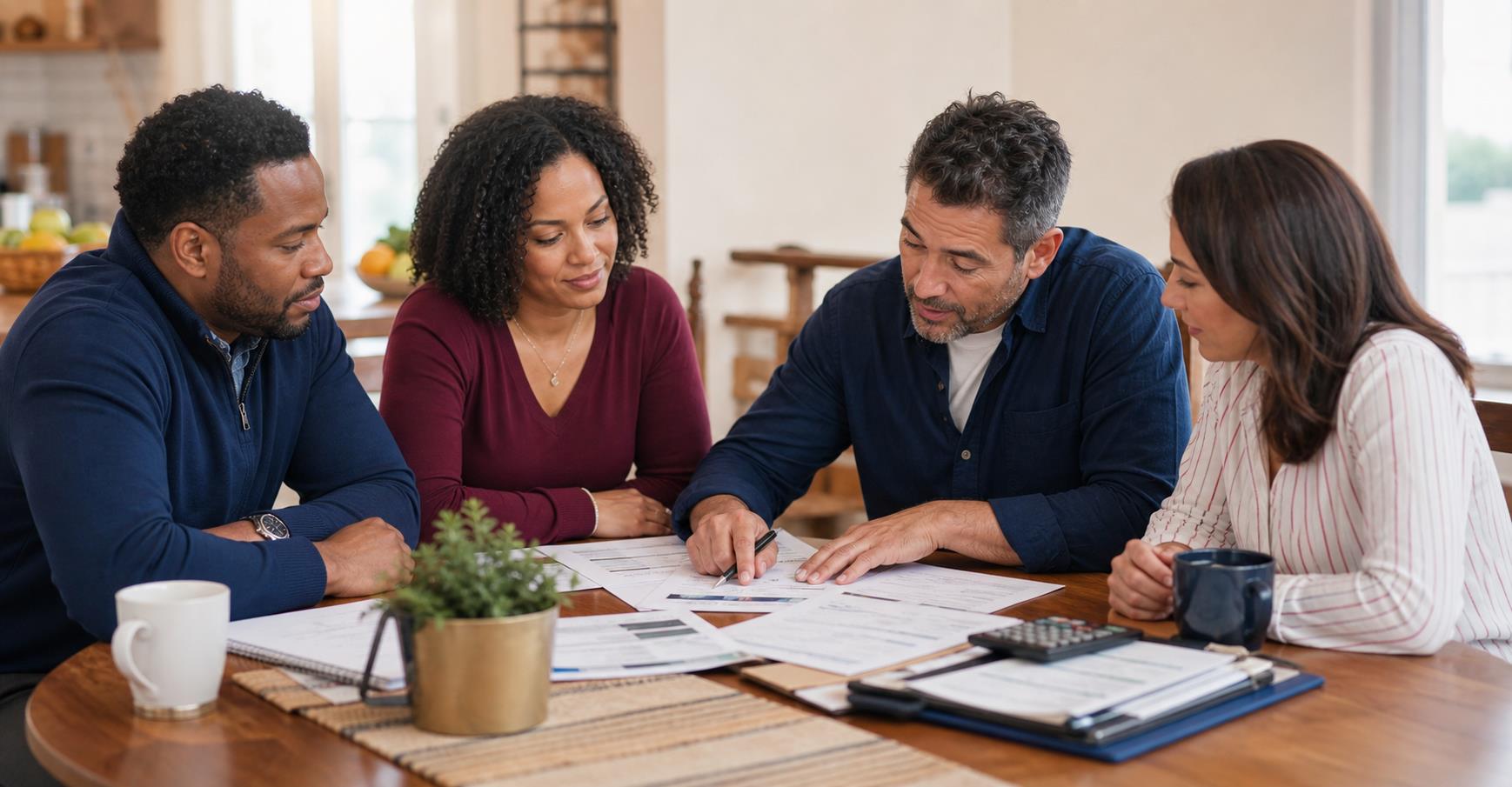 Adults reviewing budgeting, home ownership, savings, and financial goals